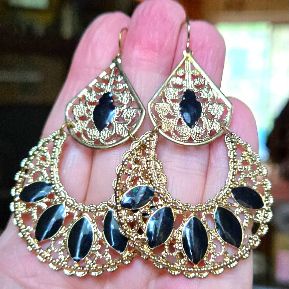 Black Enamel Indian Ornate Costume Gold Earrings